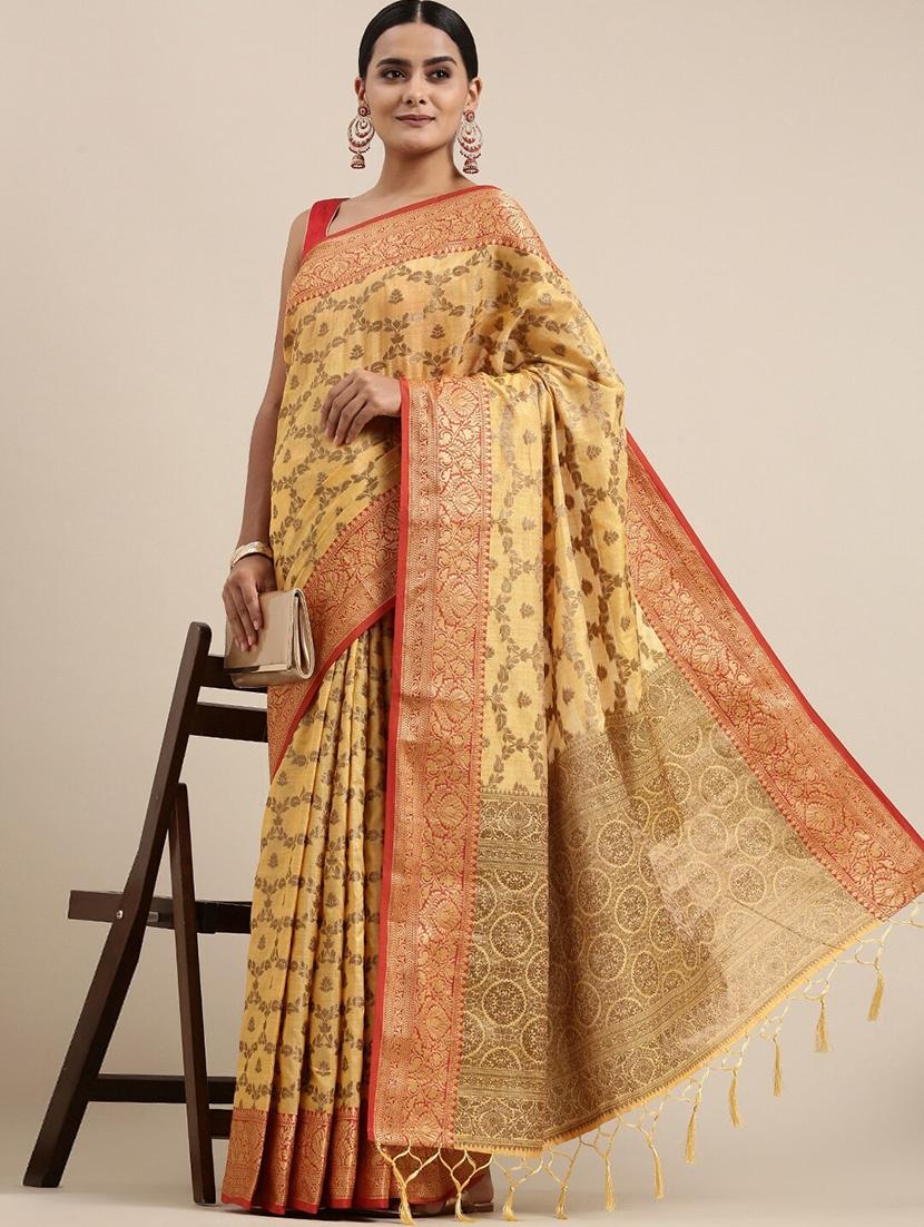 women's self design cream colored saree with blouse