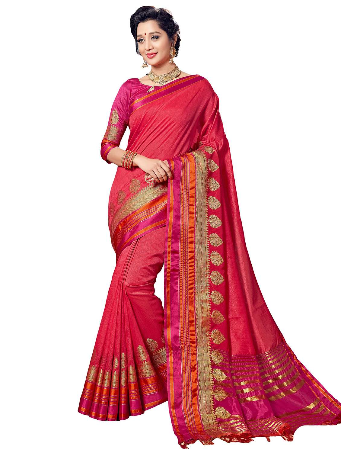 women's self design coral colored saree with blouse - 20306857 - Zoom Image - 0