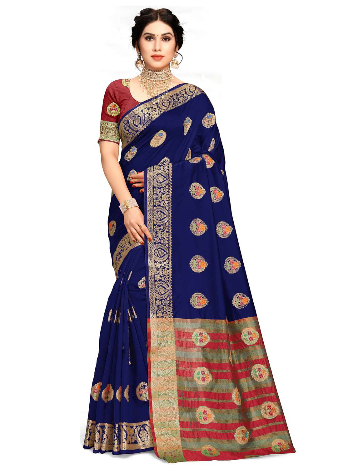 women's self design navy blue colored saree with blouse