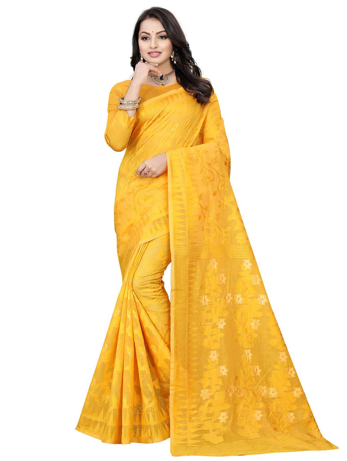 women's self design gold colored saree with blouse