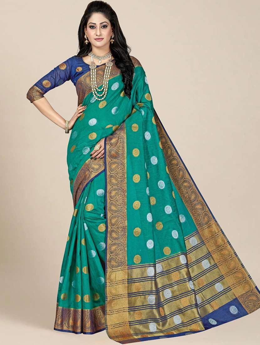 women's self design teal colored saree with blouse