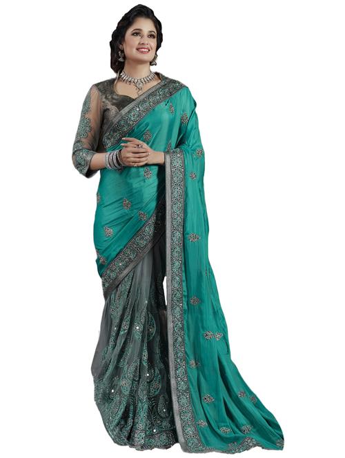 women's solid with work teal colored saree with blouse - 20307093 -  Standard Image - 0