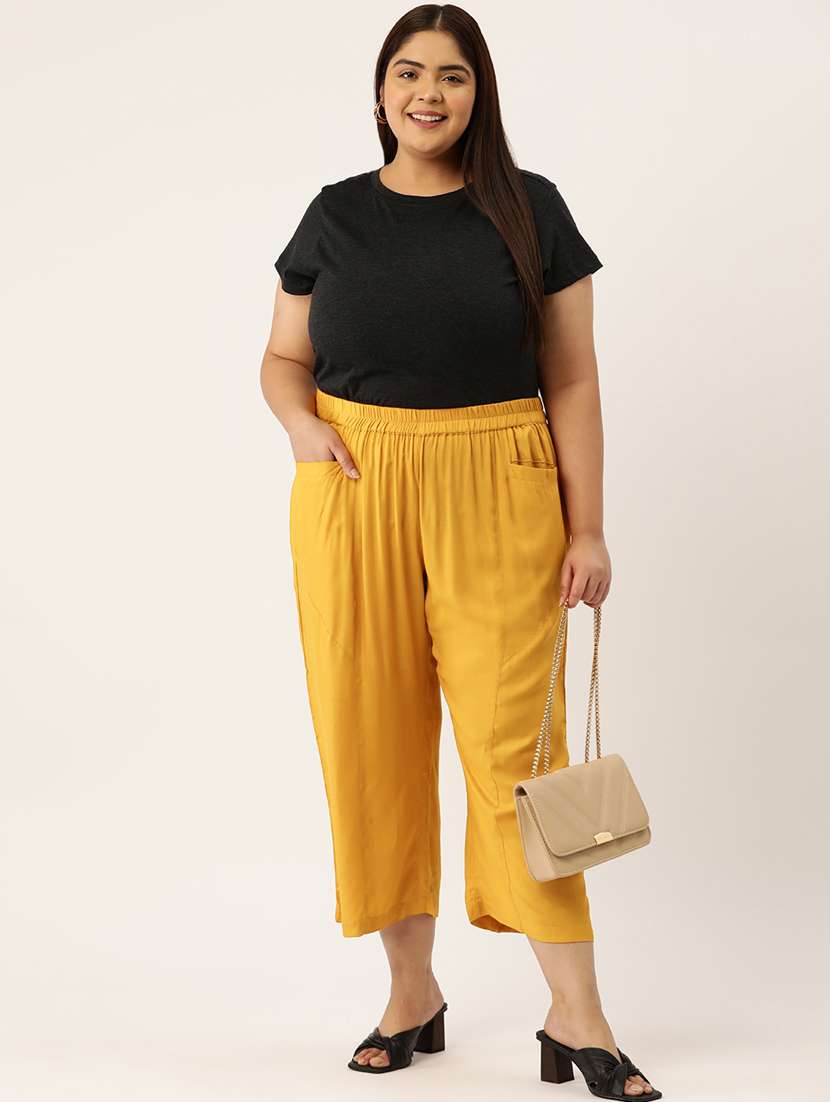 mustard rayon plus trouser - 20307526 -  Standard Image - 3