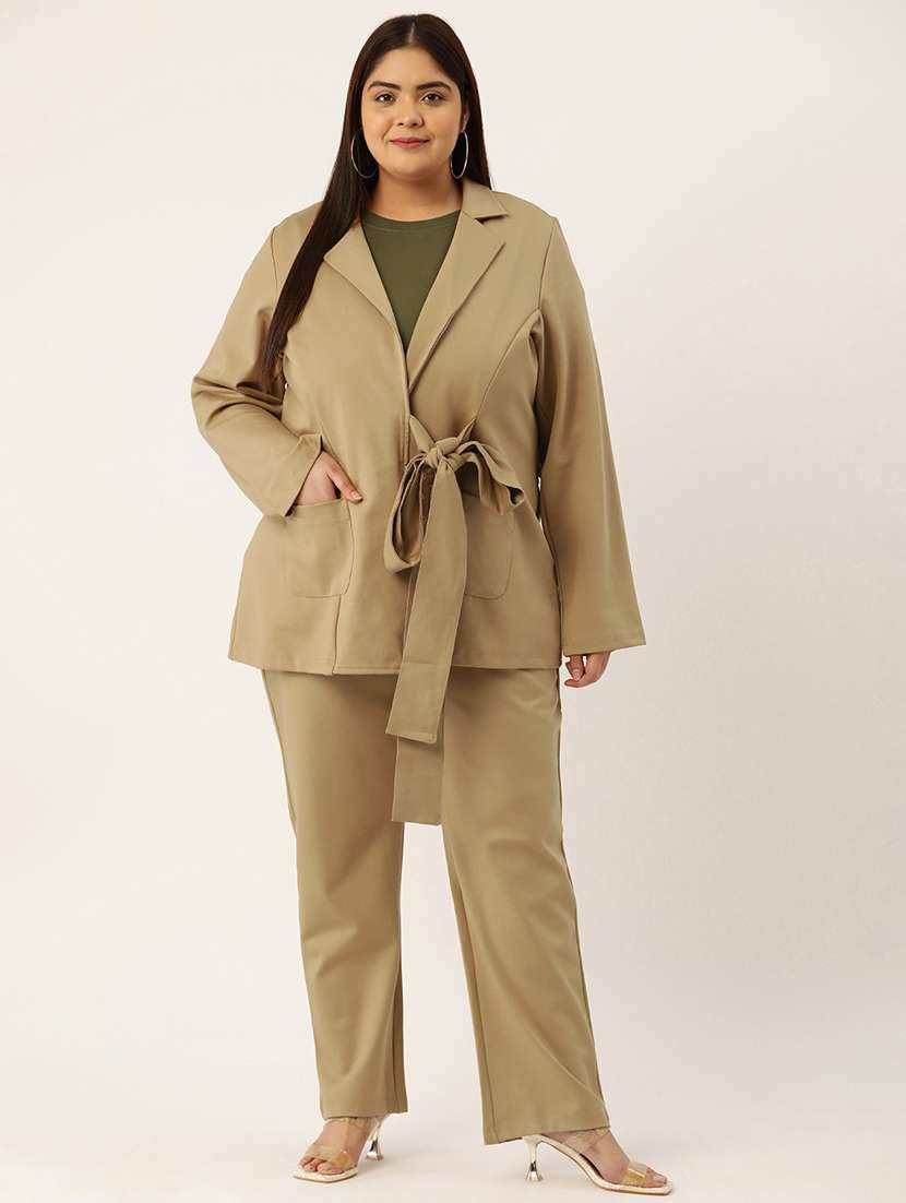 beige solid blazer and trousers co-ord set