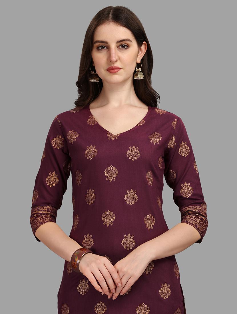 burgundy v neck straight kurta - 20308128 - Standard Image - 3