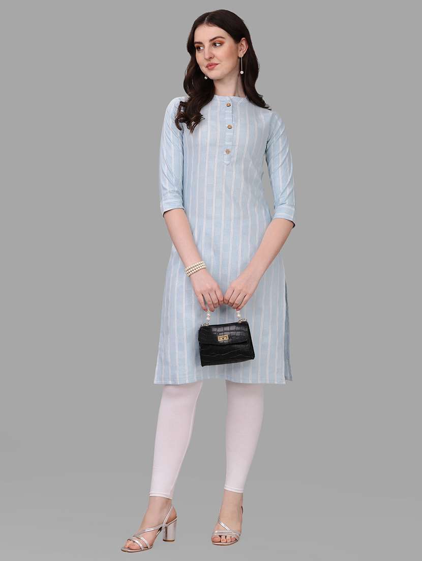 light blue three quarter sleeve straight kurta - 20308136 - Zoom Image - 0