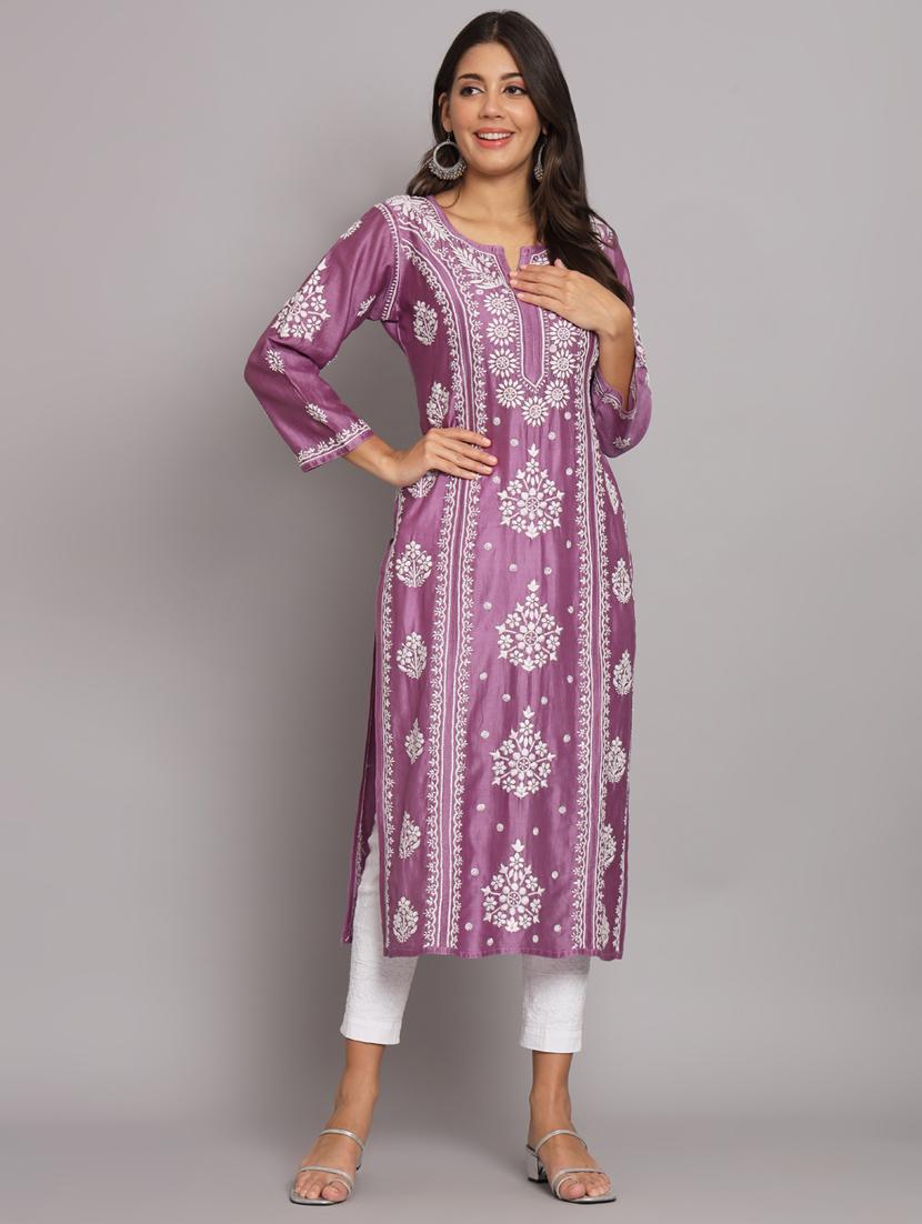 purple colored straight kurta - 20309131 - Zoom Image - 0