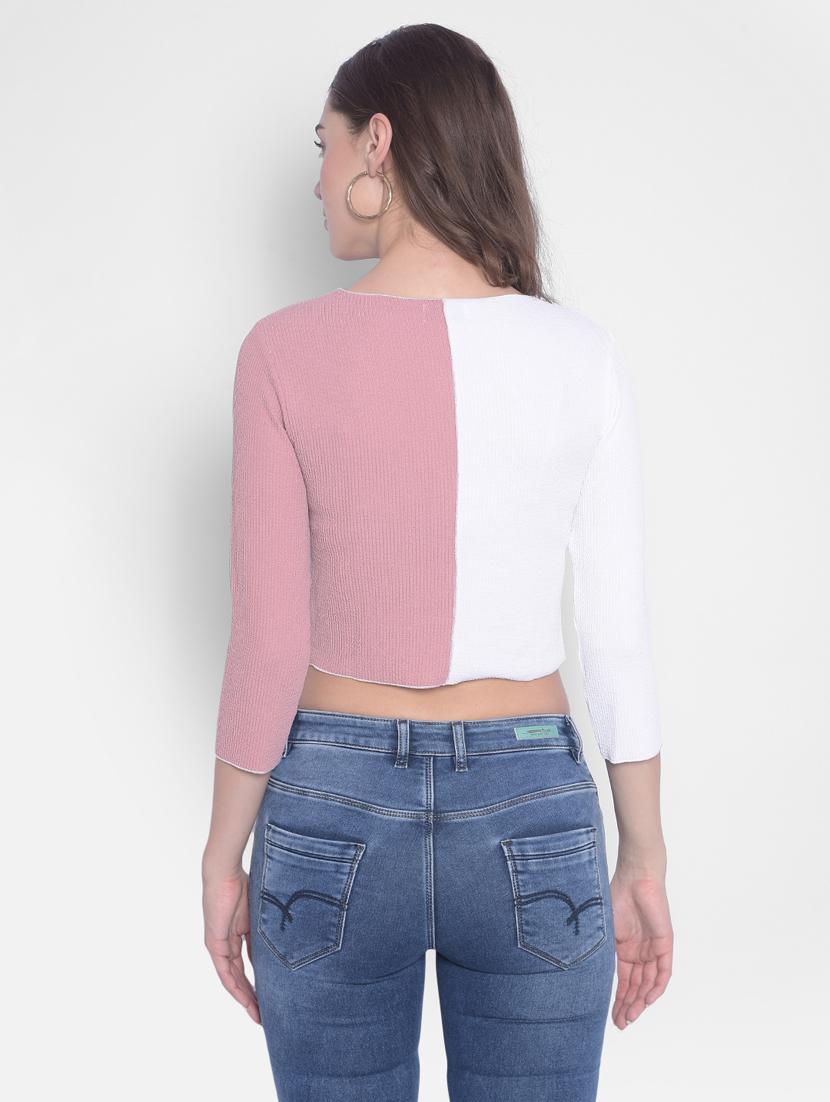 pink & white color blocked round neck crop top - 20311101 - Standard Image - 3