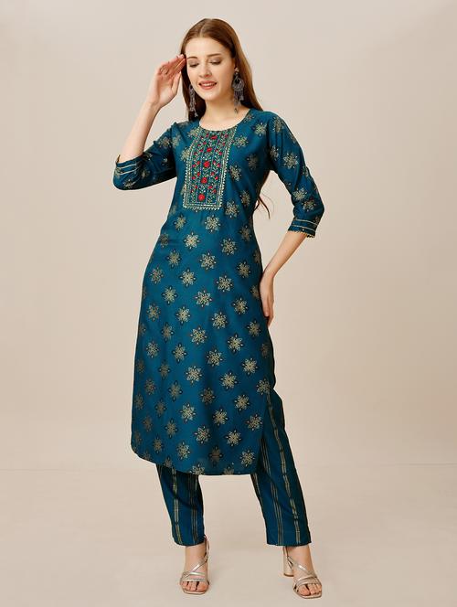 women blue round neck kurta pant set - 20317891 -  Standard Image - 0