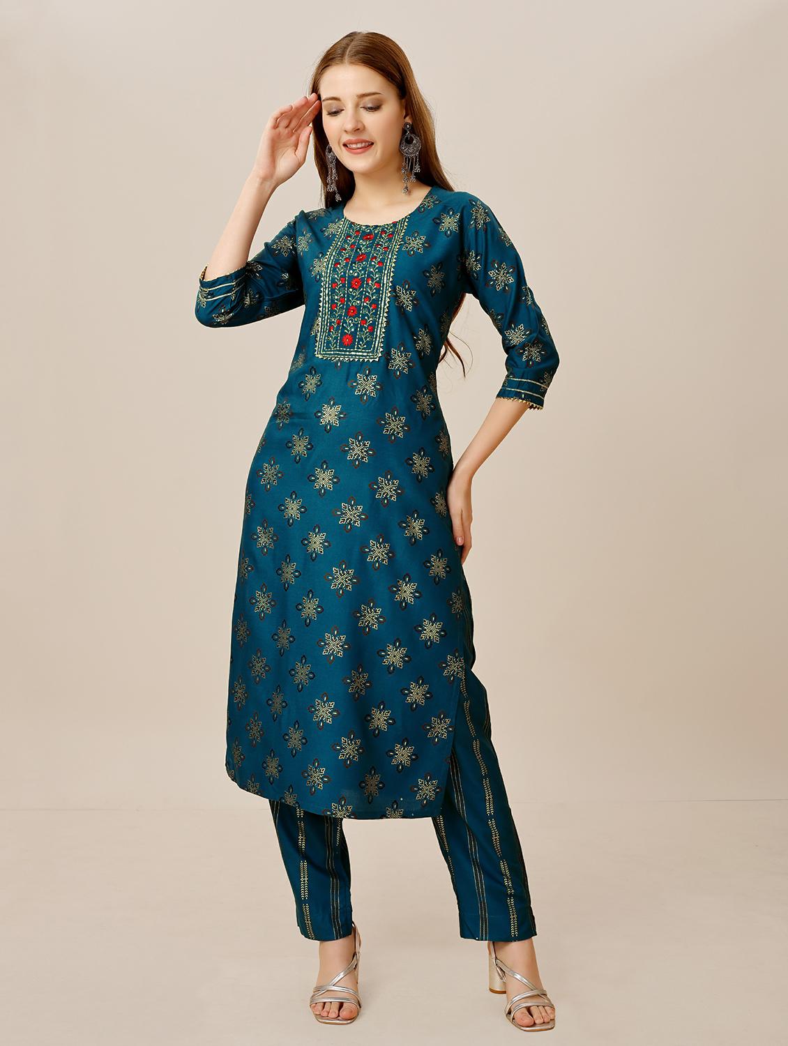 women blue round neck kurta pant set - 20317891 -  Zoom Image - 0