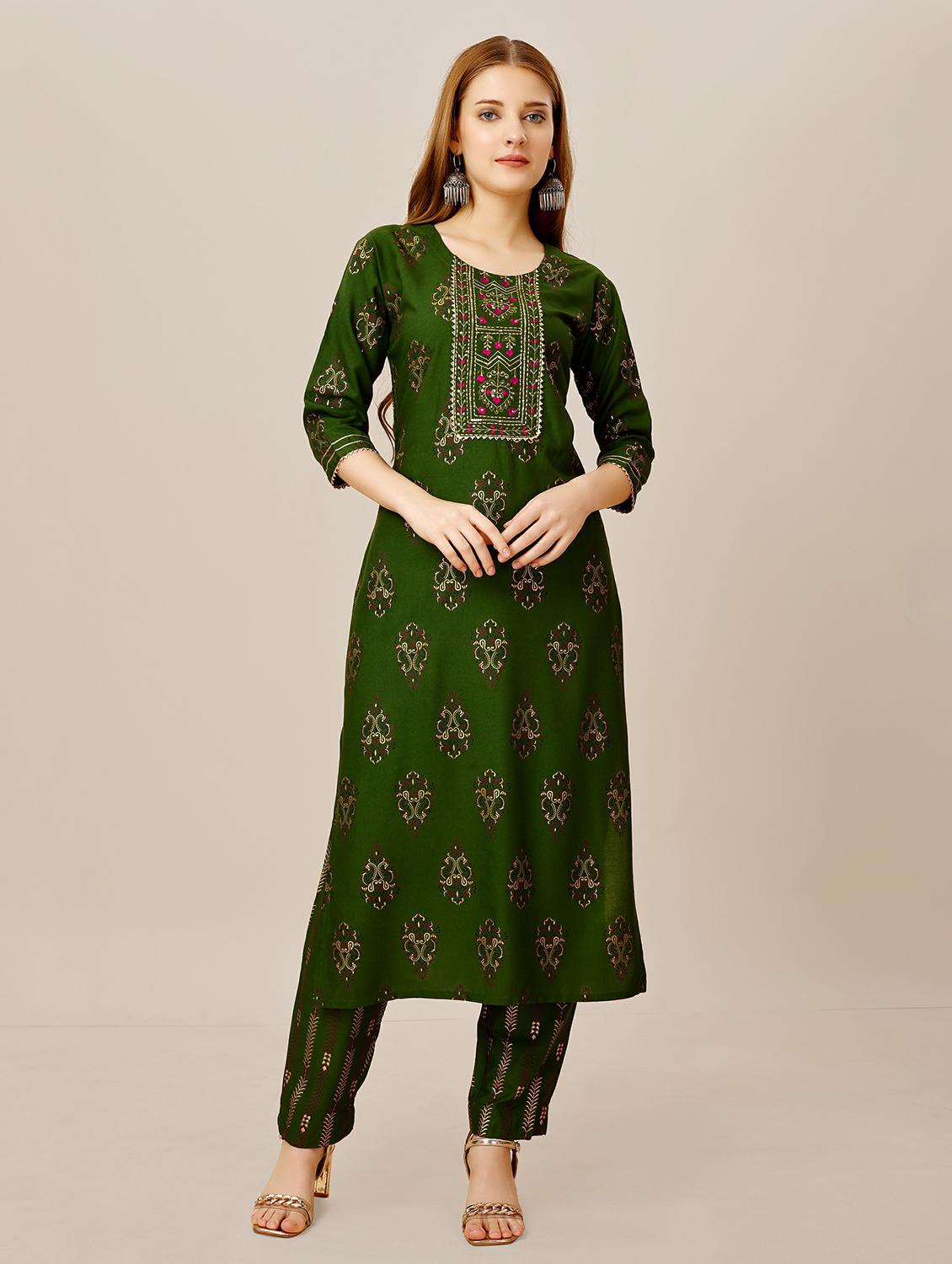 women green round neck kurta pant set