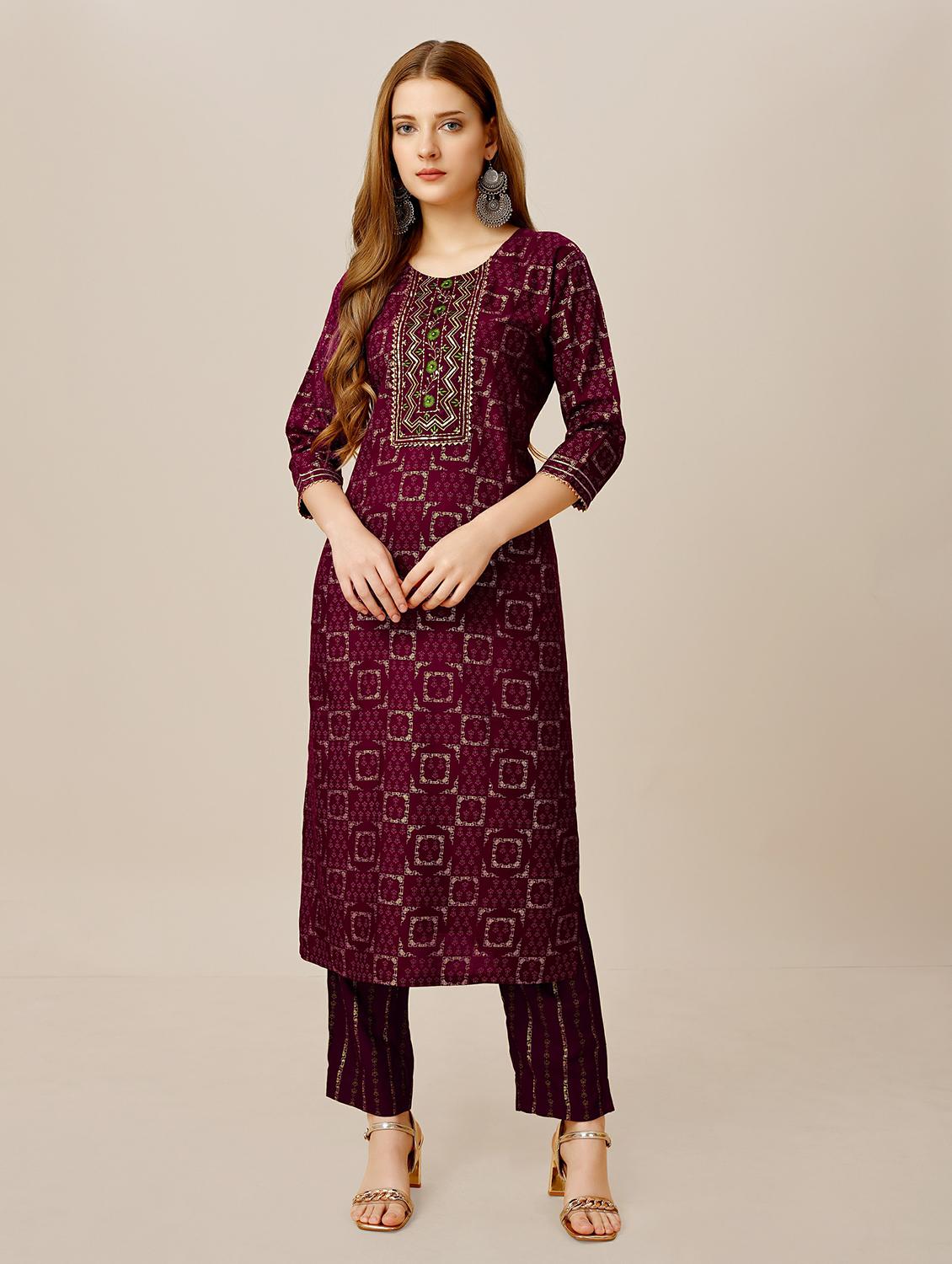 women purrple round neck kurta pant set - 20317893 - Zoom Image - 0