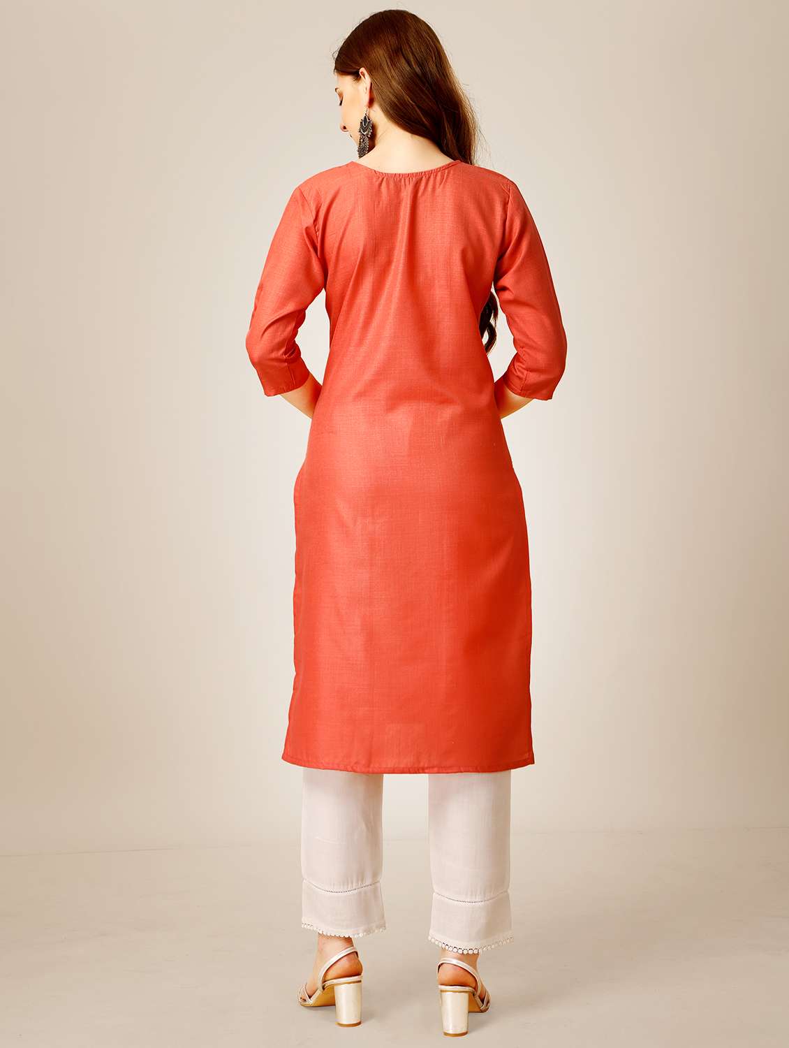 women orange round neck kurta pant set - 20317894 -  Standard Image - 3