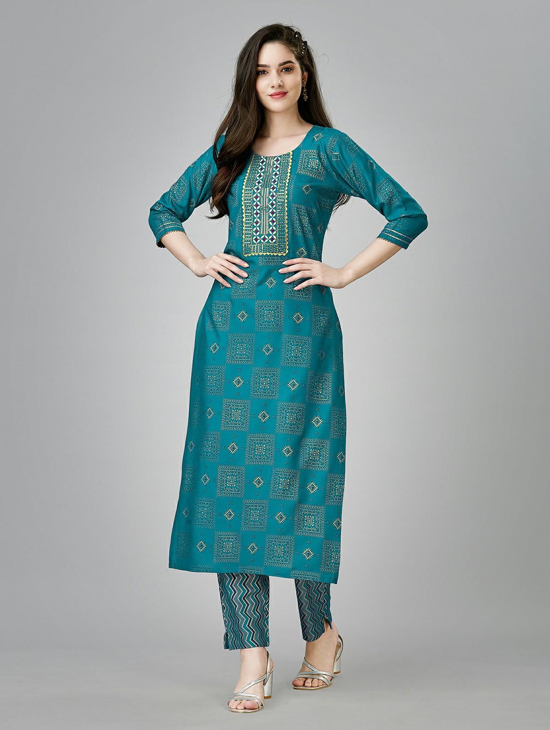 women teal round neck kurta pant set - 20317900 - Zoom Image - 0