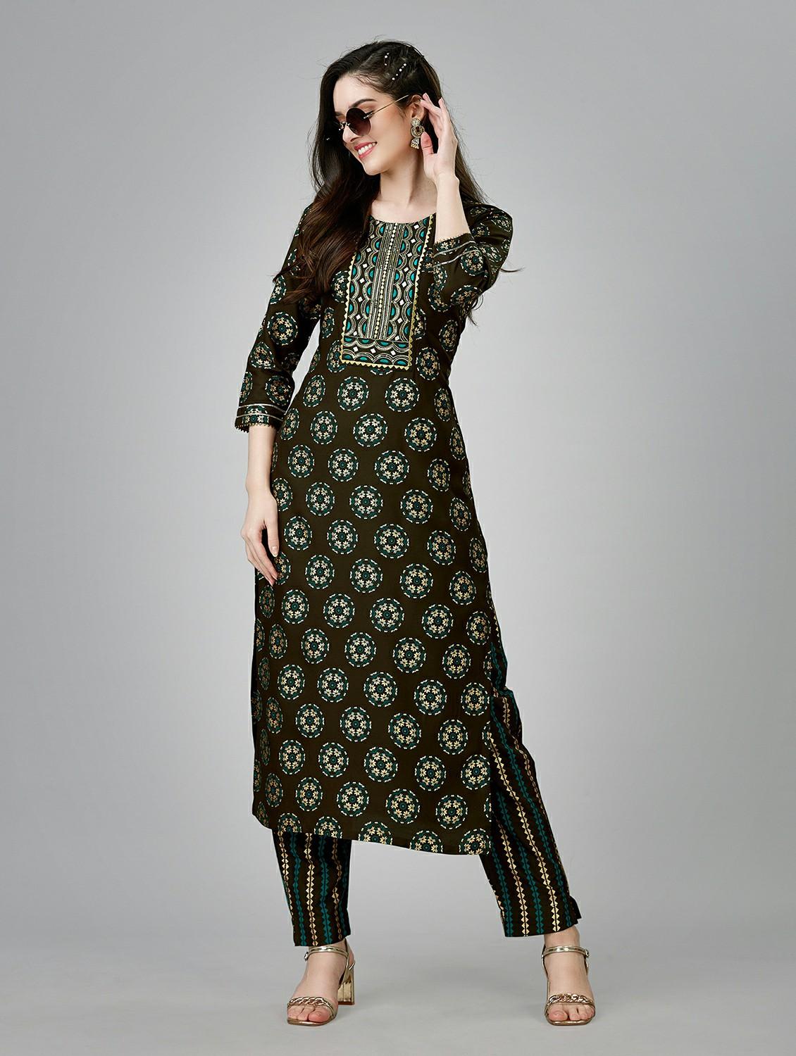 olive colored kurta pant set - 20317902 - Zoom Image - 0