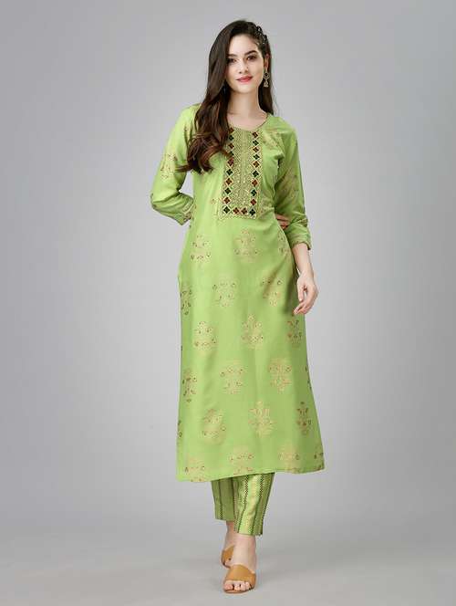women green round neck kurta pant set - 20317903 -  Standard Image - 0