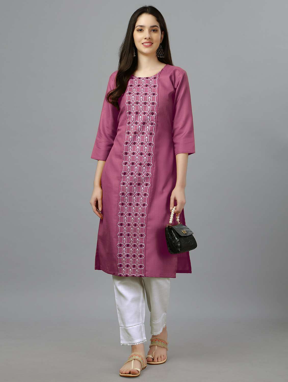 women mauve round neck straight kurta