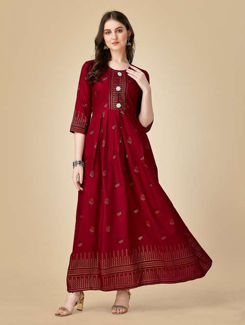 women maroon round neck anarkali kurta - 20317939 -  Standard Image - 0
