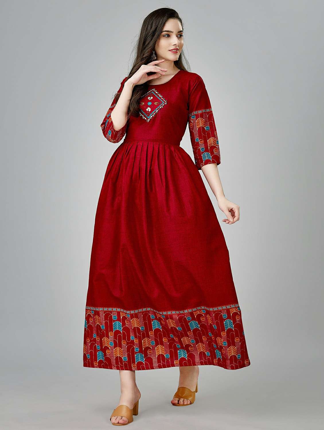women maroon solid round neck anarkali kurta