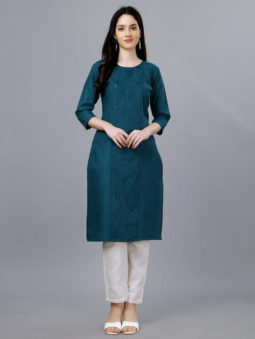 teal cotton straight kurta - 20317970 - Standard Image - 0