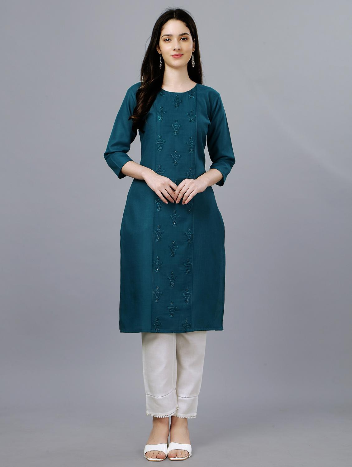 teal cotton straight kurta