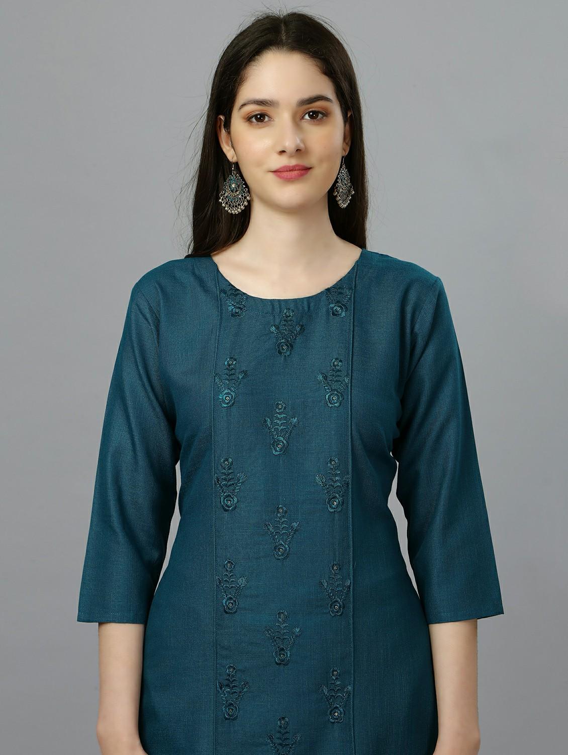 teal cotton straight kurta - 20317970 - Standard Image - 3