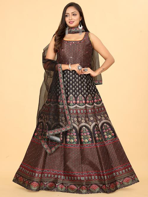 coffee brown silk flared gown - 20318213 - Standard Image - 0