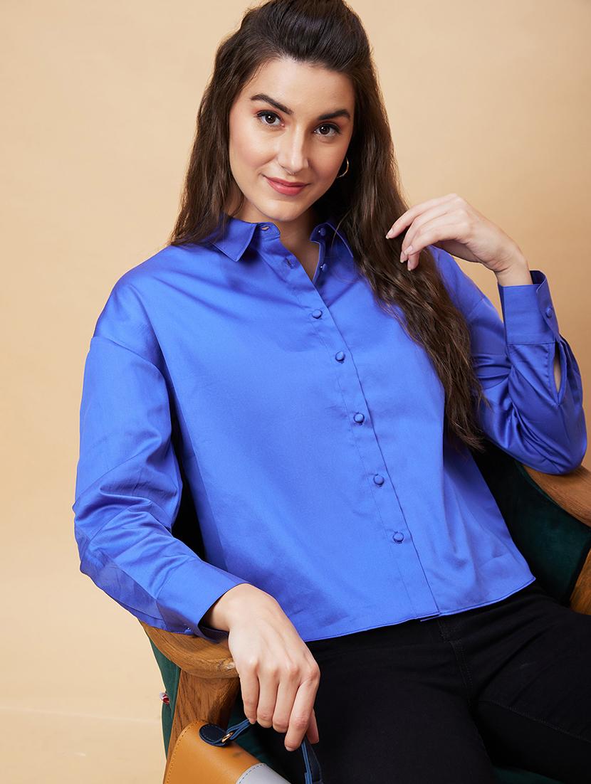 women blue cotton regular shirt - 20318637 - Standard Image - 3