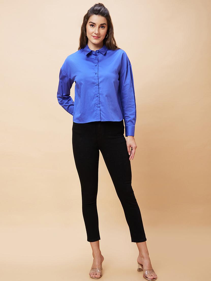 women blue cotton regular shirt - 20318637 - Standard Image - 5