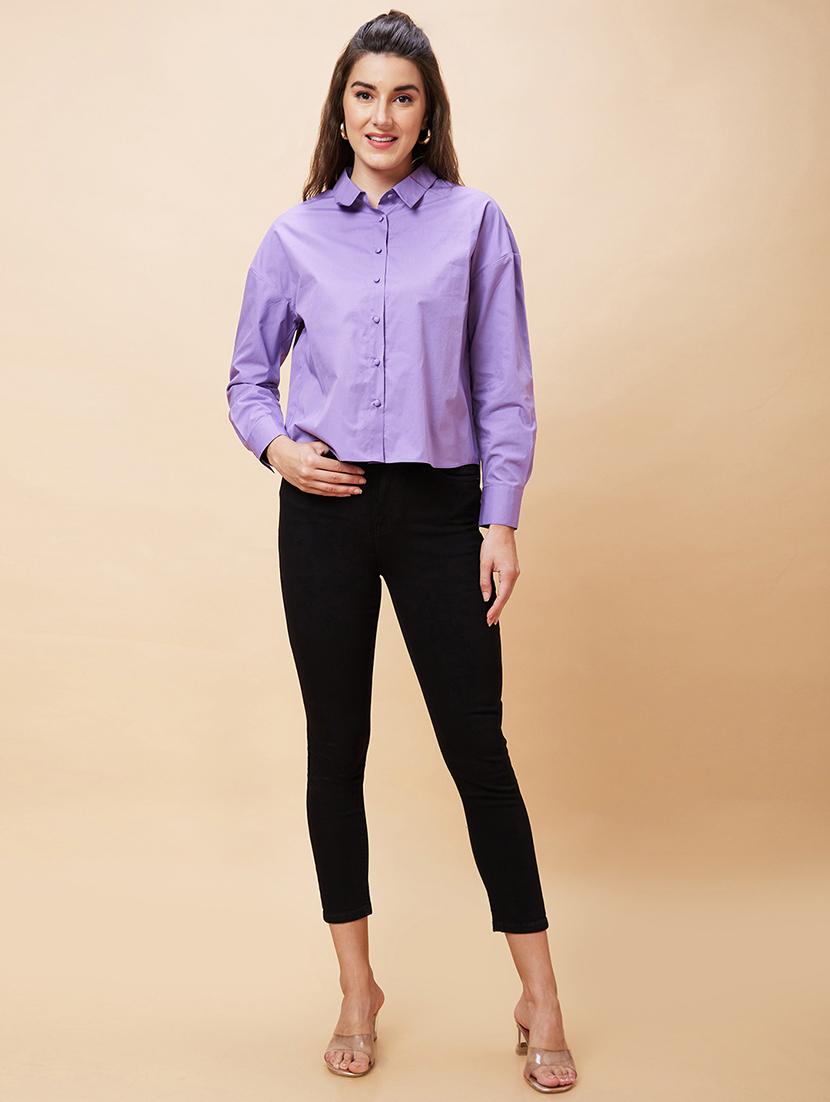 women lavender cotton regular shirt - 20318638 - Standard Image - 5