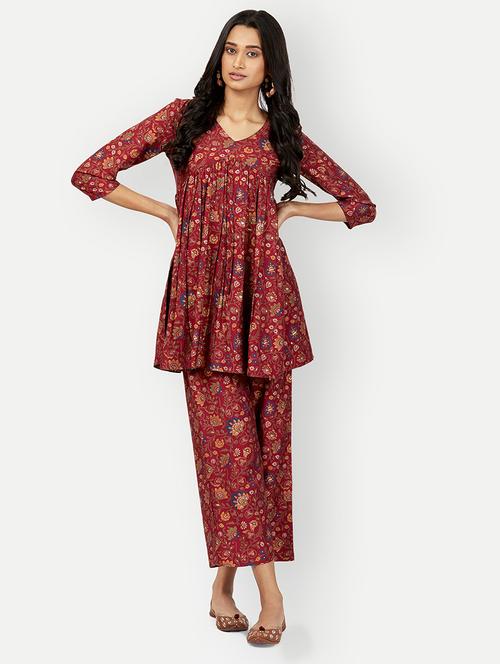 women maroon floral v-neck co-ord sets - 20318816 -  Standard Image - 0