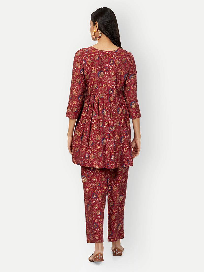 women maroon floral v-neck co-ord sets - 20318816 - Standard Image - 3