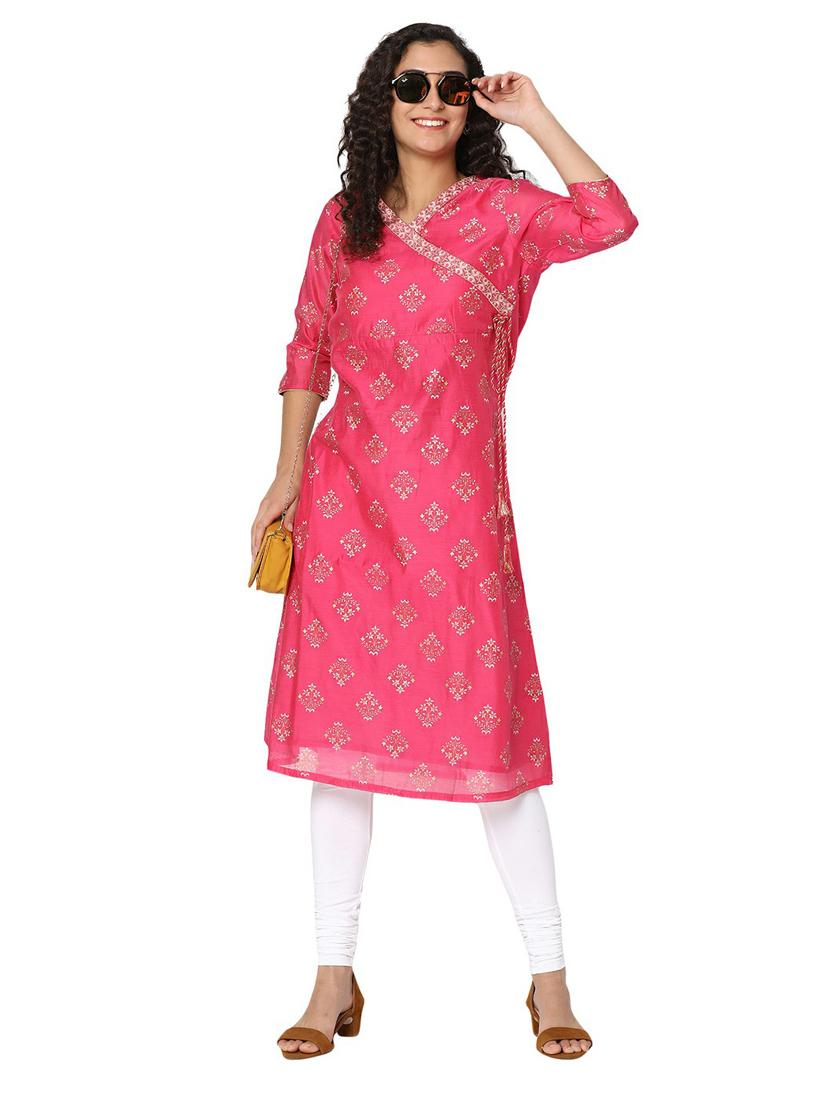 pink three quarter sleeve a-line kurta - 20319676 - Standard Image - 3