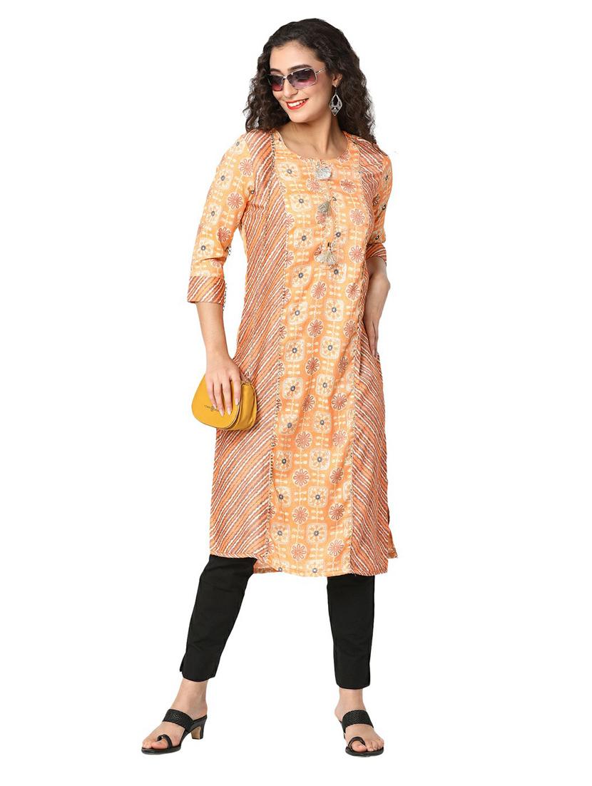 women orange round neck straight kurta - 20319700 - Standard Image - 3
