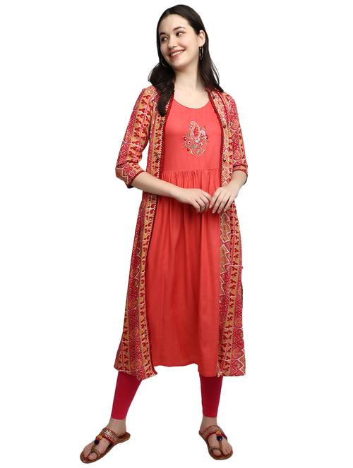 embroidered kurta with printed jacket - 20319708 - Standard Image - 0