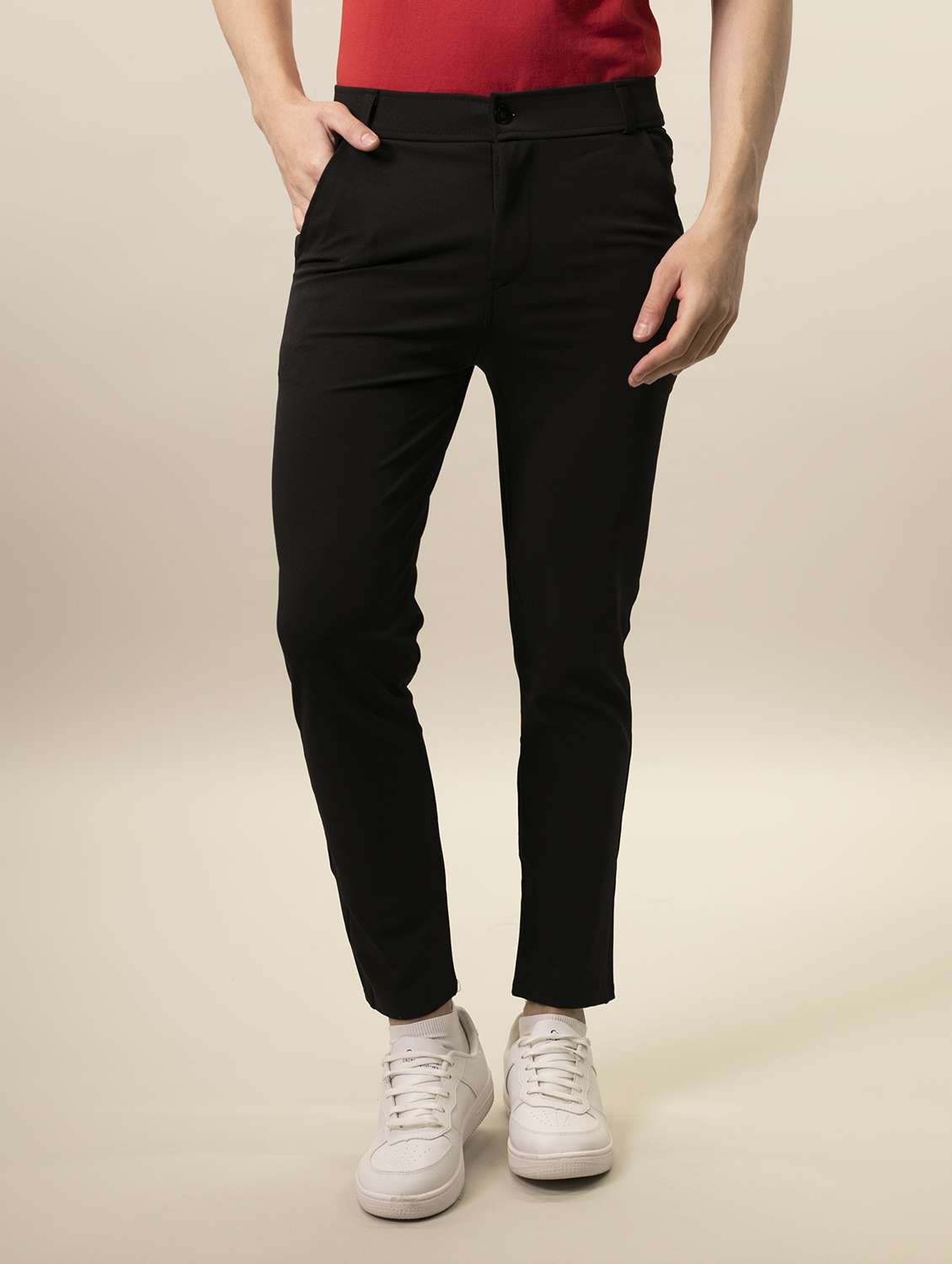 men solid black lycra blend flat front casual trouser - 20319967 -  Zoom Image - 0