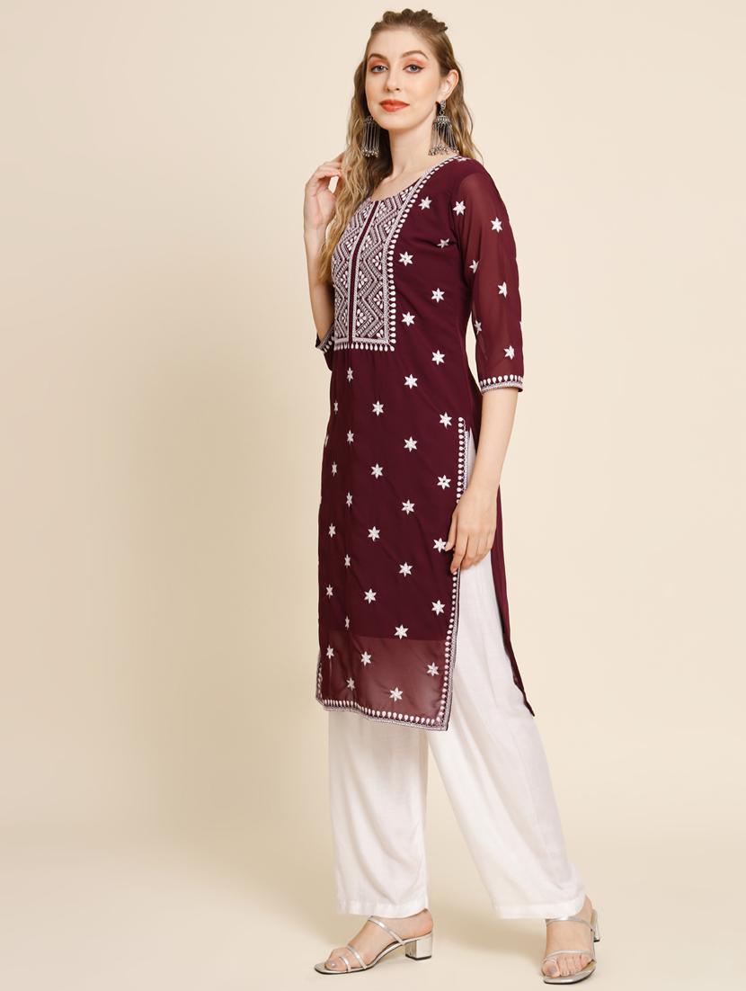 maroon colored straight kurta - 20320544 - Standard Image - 3