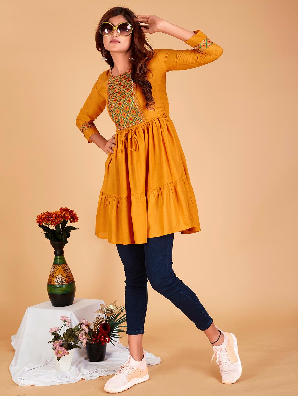 mustard solid with work flared tunic - 20321286 - Standard Image - 3