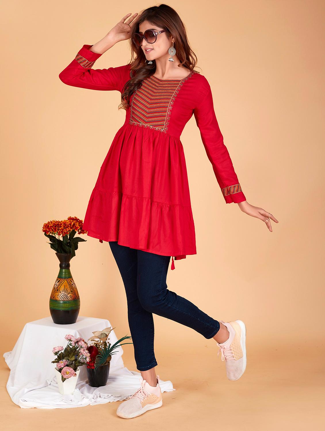 red solid with work flared tunic - 20321287 - Standard Image - 3