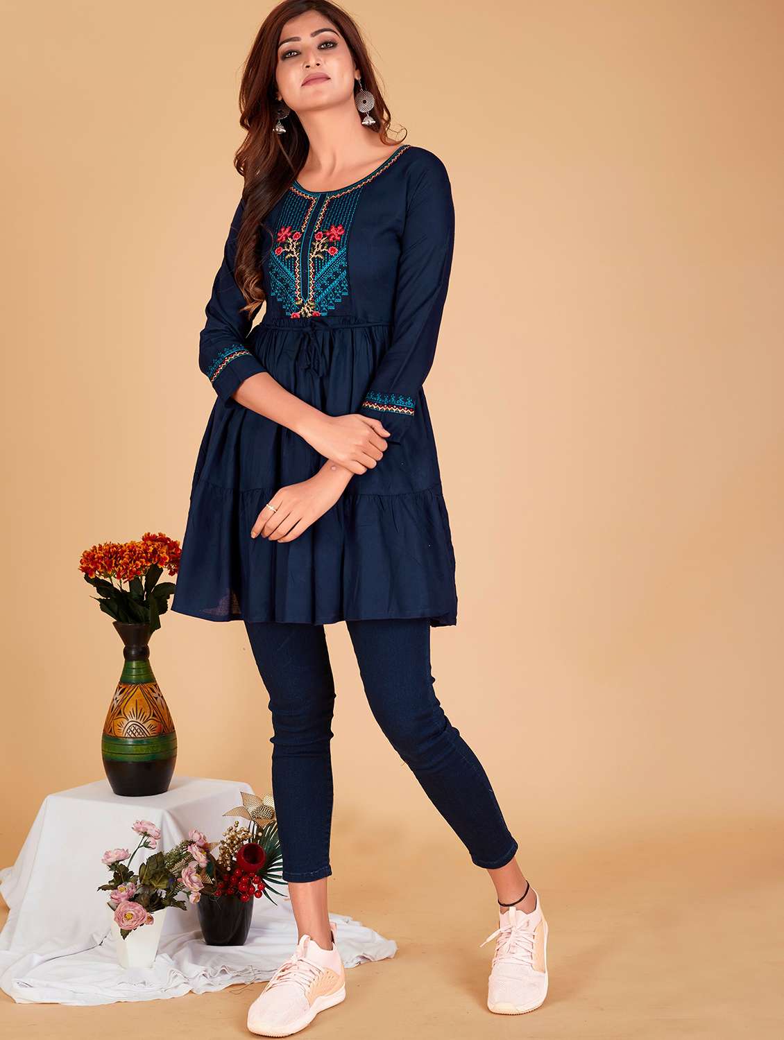 navy blue solid with work flared tunic - 20321288 - Zoom Image - 0