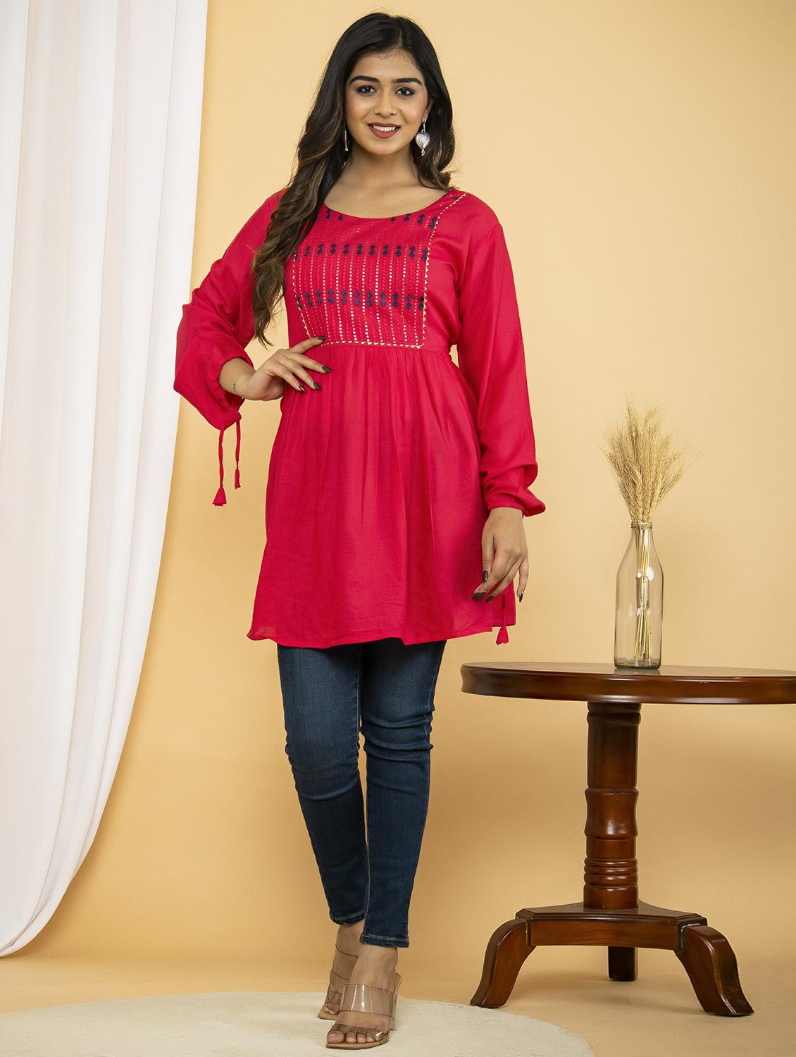 pink solid with work flared tunic - 20321289 -  Zoom Image - 0