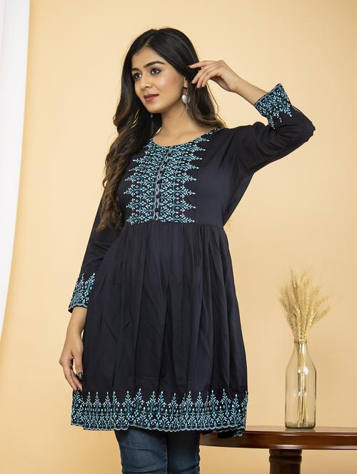 navy blue placement print flared tunic - 20321294 - Standard Image - 0