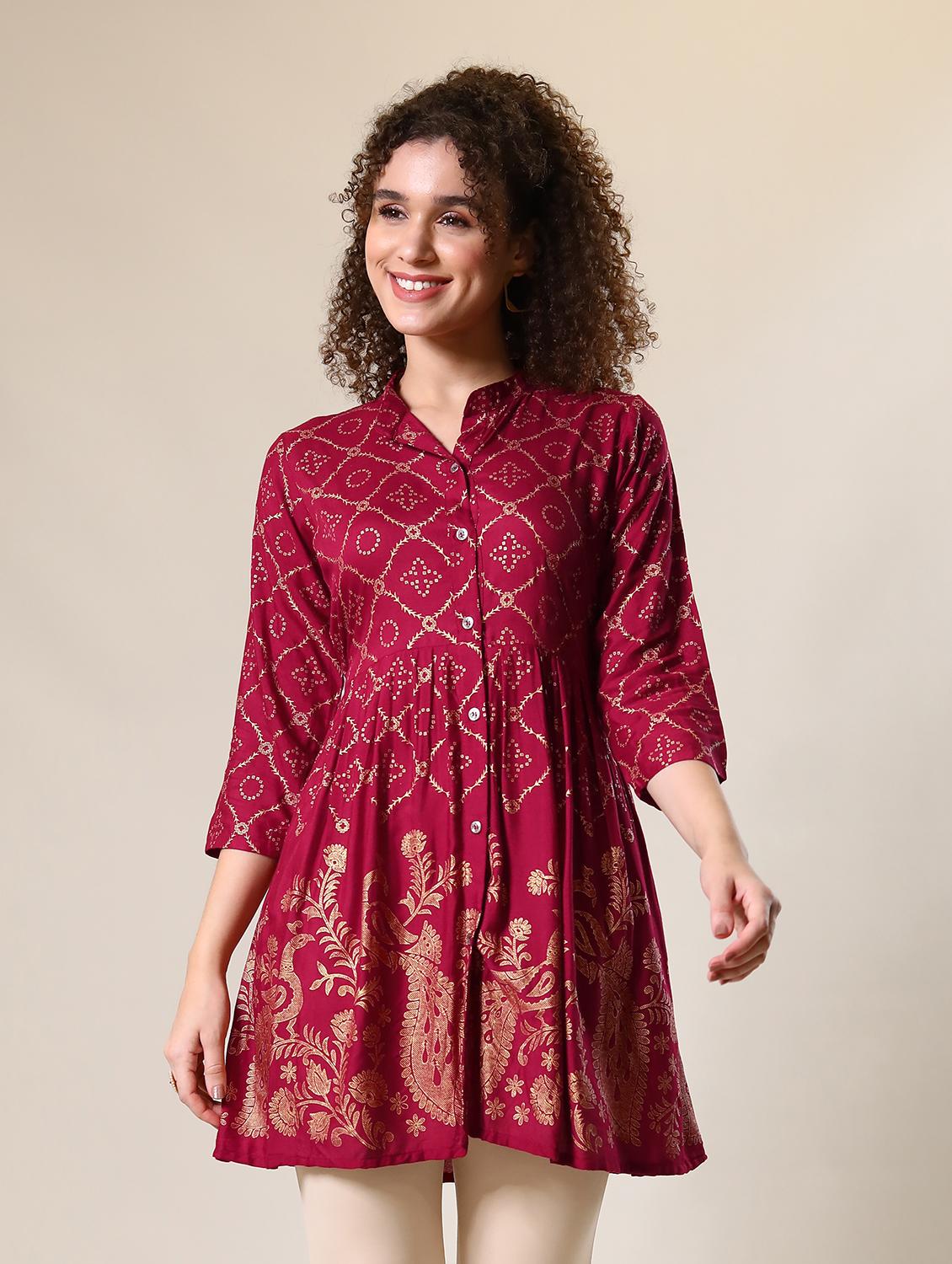 burgundy printed mandarin neck flared tunic - 20321296 - Zoom Image - 0