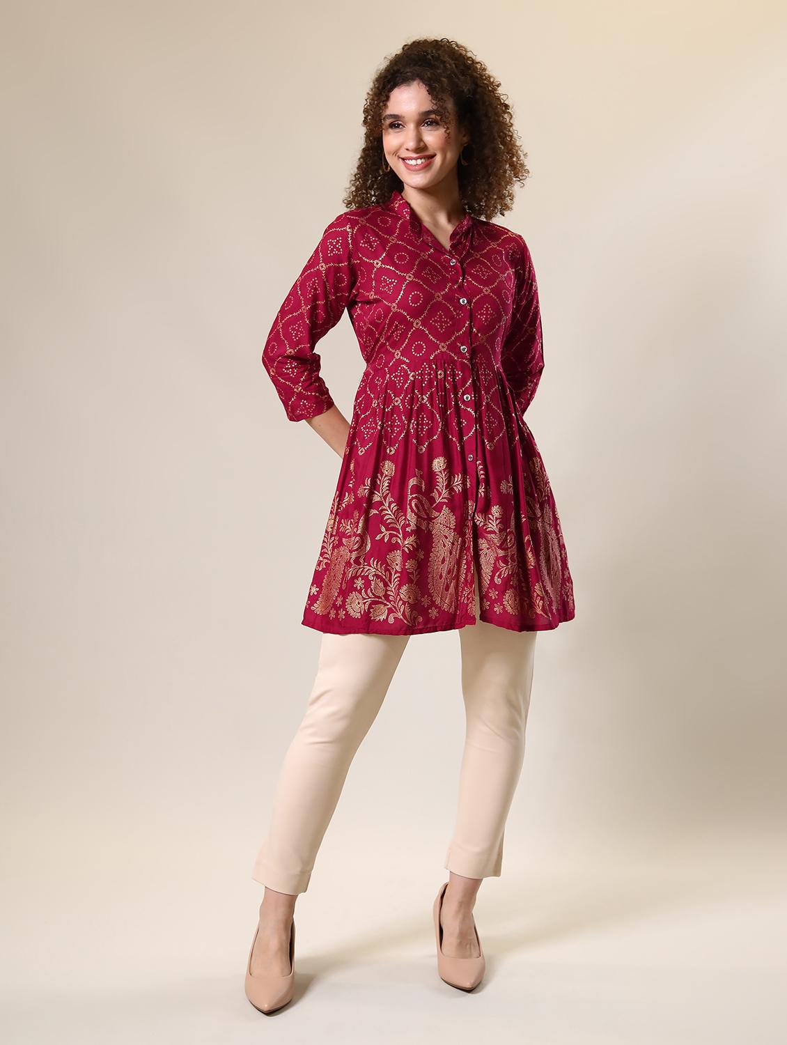 burgundy printed mandarin neck flared tunic - 20321296 - Standard Image - 3