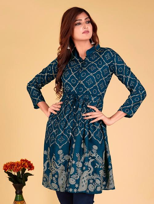 teal printed mandarin neck flared tunic - 20321298 - Standard Image - 0