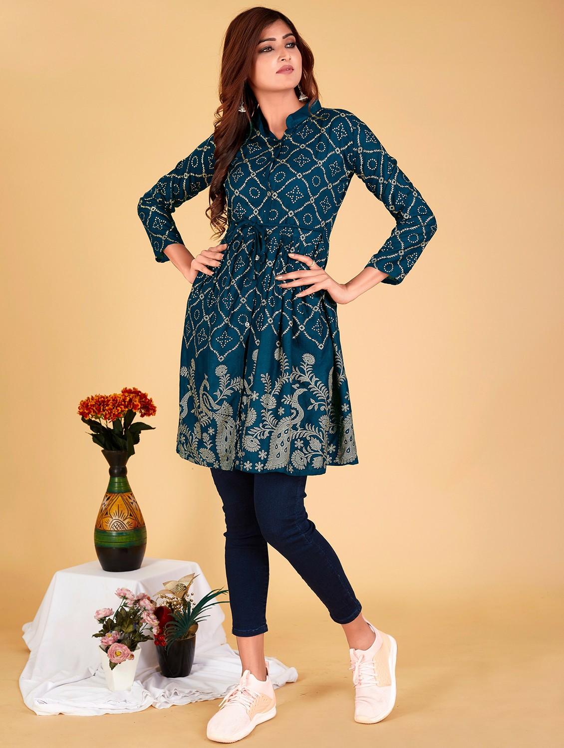 teal printed mandarin neck flared tunic - 20321298 - Standard Image - 3