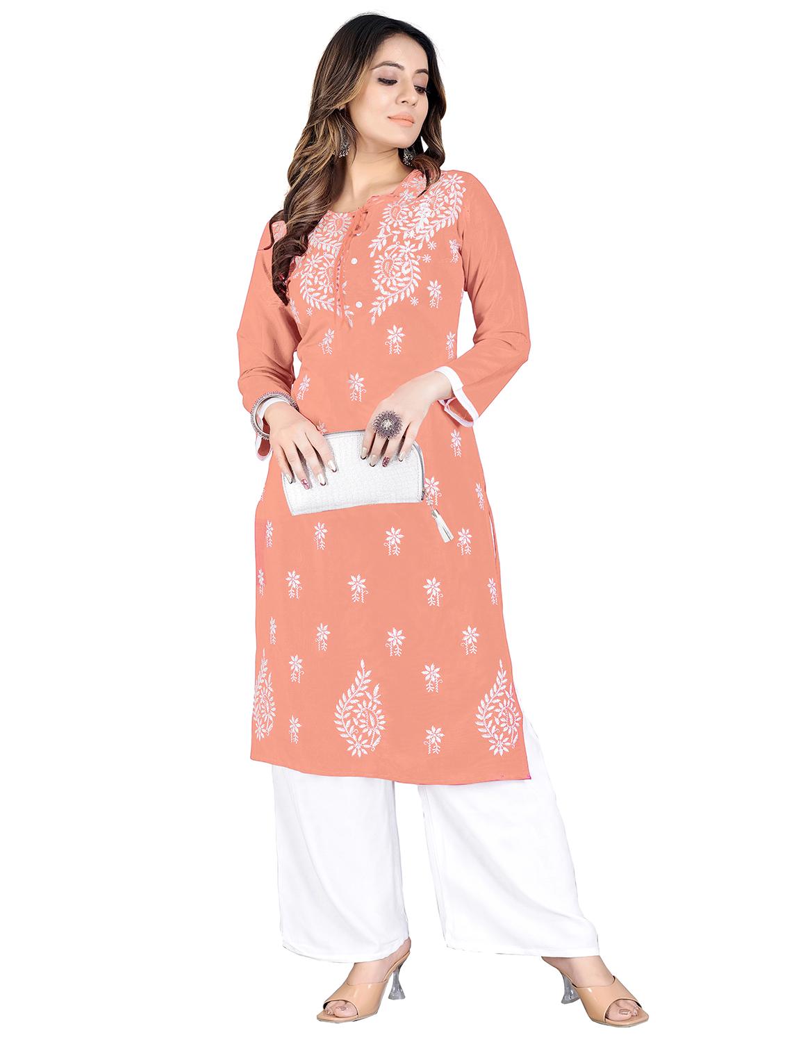 chikankari work straight kurta and palazzo set - 20321361 -  Zoom Image - 0