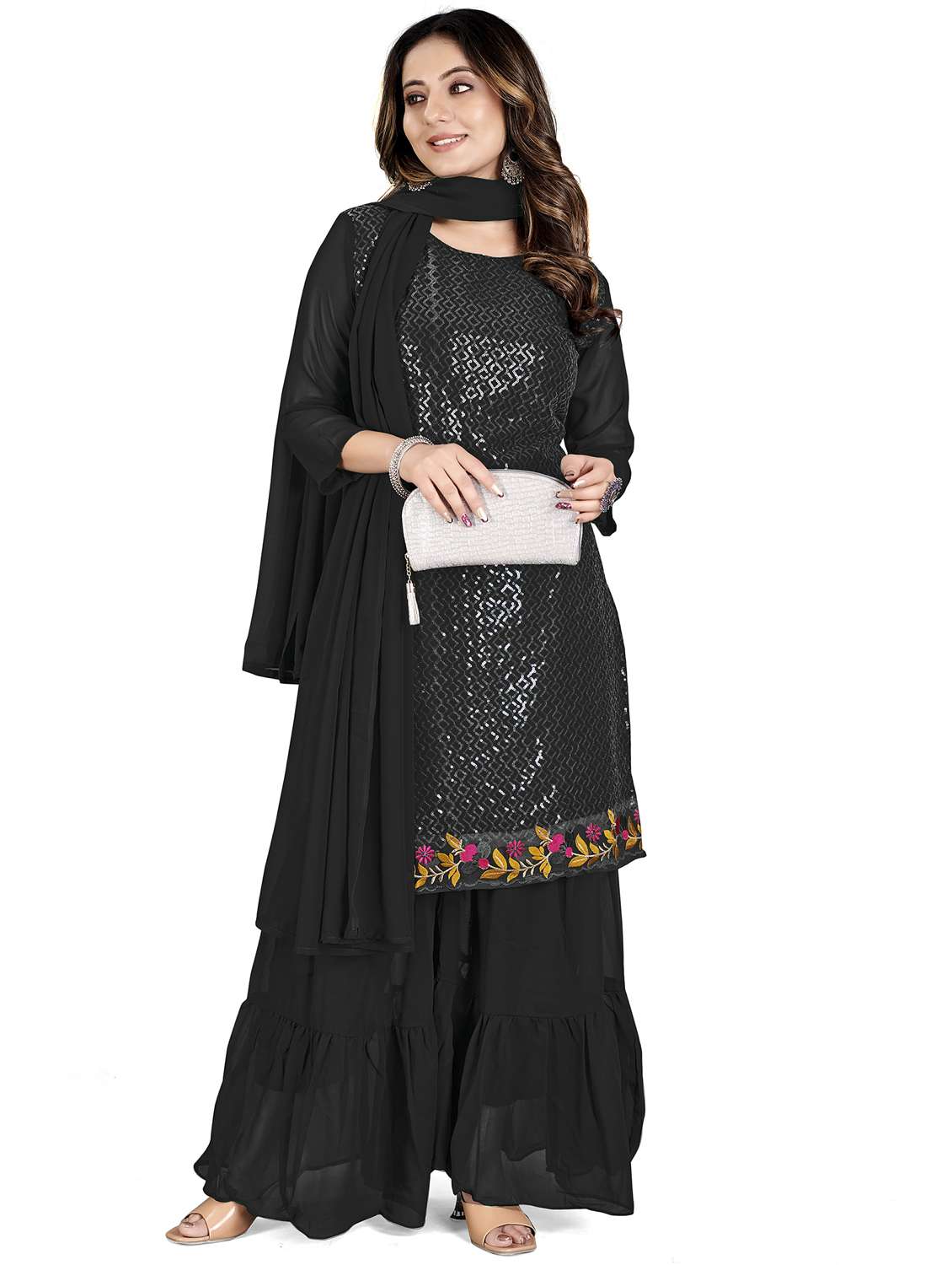 black colored kurta sharara set - 20321378 -  Zoom Image - 0