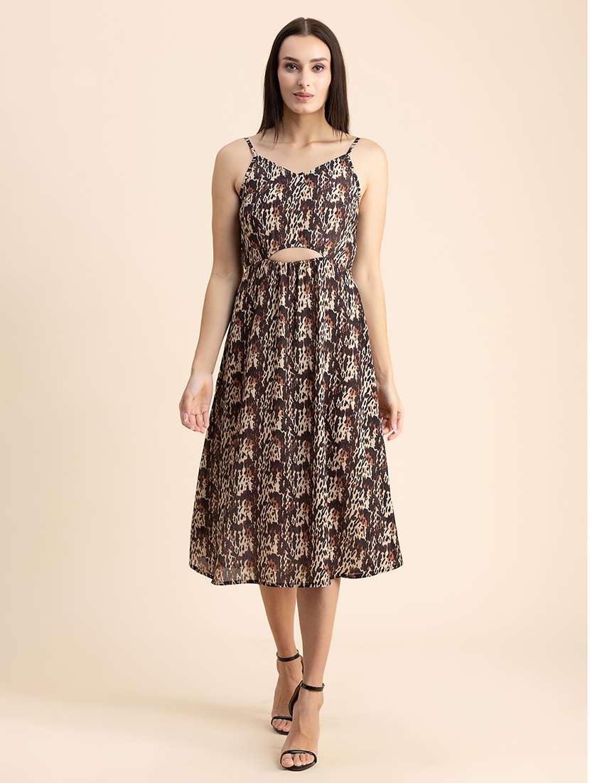 brown printed shoulder strap a-line dress - 20322897 -  Zoom Image - 0