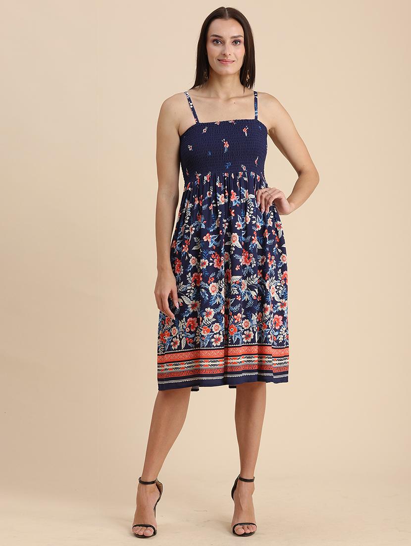 blue floral print shoulder strap a-line dress - 20322898 - Zoom Image - 0